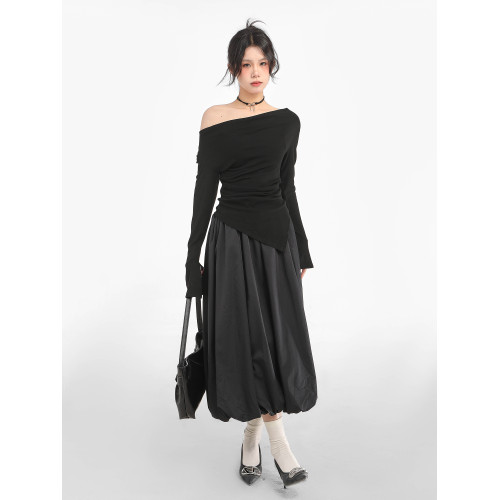 黑色不規則一字肩長袖t恤女初秋內搭可外穿斜肩打底衫上衣早秋季