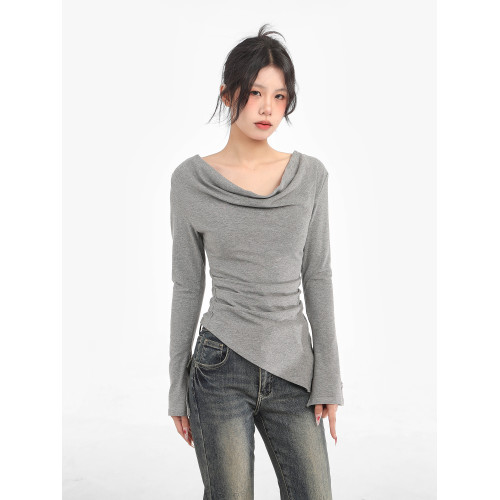 黑色不規則一字肩長袖t恤女初秋內搭可外穿斜肩打底衫上衣早秋季