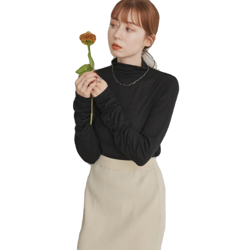 hin秋季新款薄款打底衫上衣女褶皺堆堆袖半高領上衣T恤女小衫