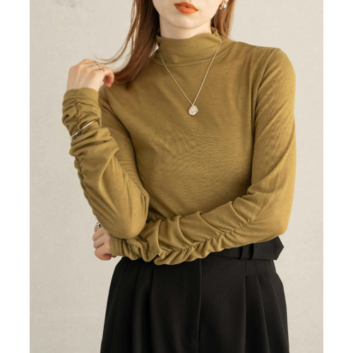 hin秋季新款薄款打底衫上衣女褶皺堆堆袖半高領上衣T恤女小衫