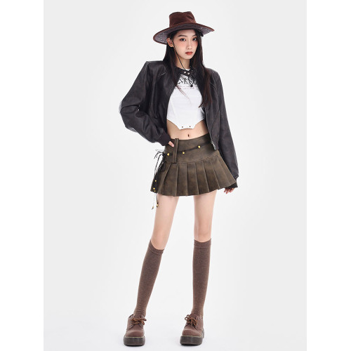 MASS 美式辣妹PU皮裙棕色做舊百褶短裙顯瘦A字裙半身裙美拉德穿搭 MASS 美式辣妹PU皮裙棕色做舊百褶短裙顯瘦A字裙半身裙美拉德穿搭