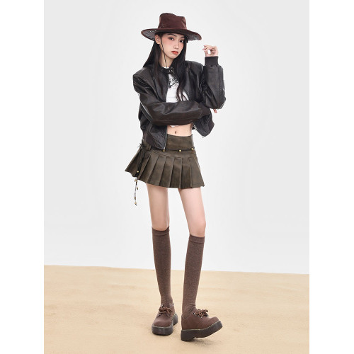 MASS 美式辣妹PU皮裙棕色做舊百褶短裙顯瘦A字裙半身裙美拉德穿搭 MASS 美式辣妹PU皮裙棕色做舊百褶短裙顯瘦A字裙半身裙美拉德穿搭