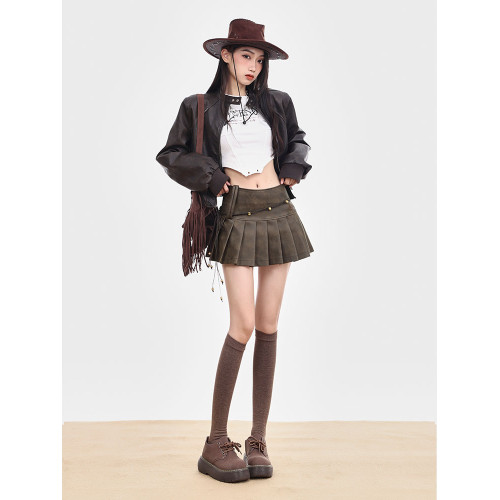 MASS 美式辣妹PU皮裙棕色做舊百褶短裙顯瘦A字裙半身裙美拉德穿搭 MASS 美式辣妹PU皮裙棕色做舊百褶短裙顯瘦A字裙半身裙美拉德穿搭