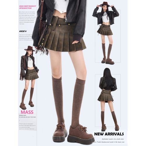 MASS 美式辣妹PU皮裙棕色做舊百褶短裙顯瘦A字裙半身裙美拉德穿搭 MASS 美式辣妹PU皮裙棕色做舊百褶短裙顯瘦A字裙半身裙美拉德穿搭