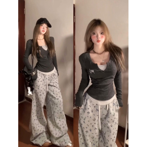 美式復古v領假兩件長袖t恤女秋冬2025新款修身顯瘦甜辣妹打底上衣