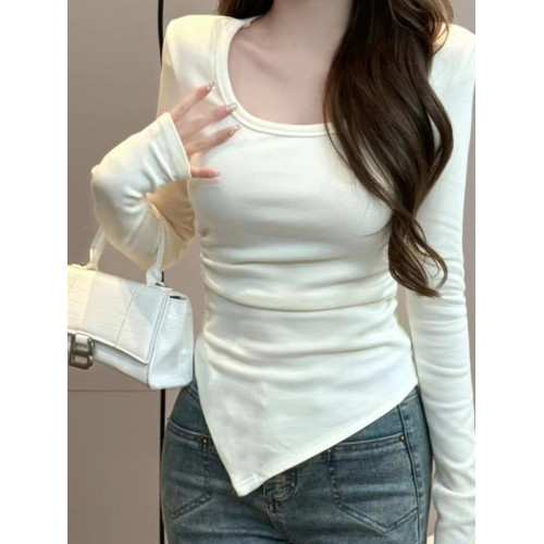 辣妹U領鎖骨上衣女春秋正肩內搭長袖打底衫短款緊身顯瘦不規則T恤