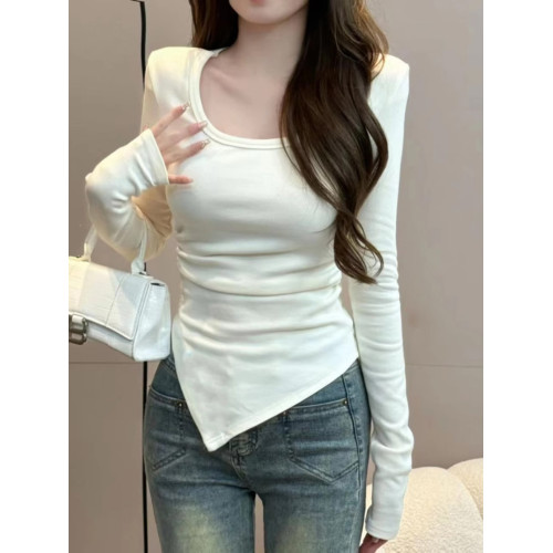 辣妹U領鎖骨上衣女春秋正肩內搭長袖打底衫短款緊身顯瘦不規則T恤