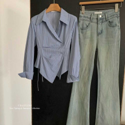 藍色條紋雪紡不規則襯衫女春秋季新款韓版鹽系高級感別致小衫上衣