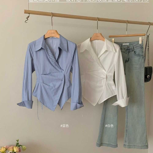 藍色條紋雪紡不規則襯衫女春秋季新款韓版鹽系高級感別致小衫上衣