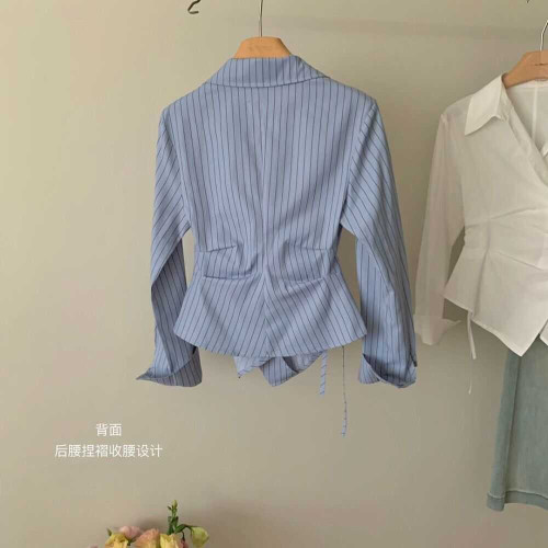 藍色條紋雪紡不規則襯衫女春秋季新款韓版鹽系高級感別致小衫上衣