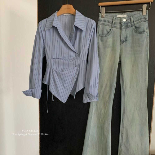 藍色條紋雪紡不規則襯衫女春秋季新款韓版鹽系高級感別致小衫上衣