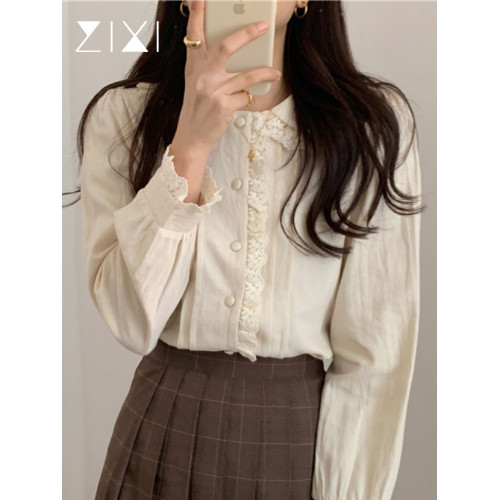 法式花邊娃娃領襯衣女秋季設計感小衆米白色別致上衣杏色長袖襯衫