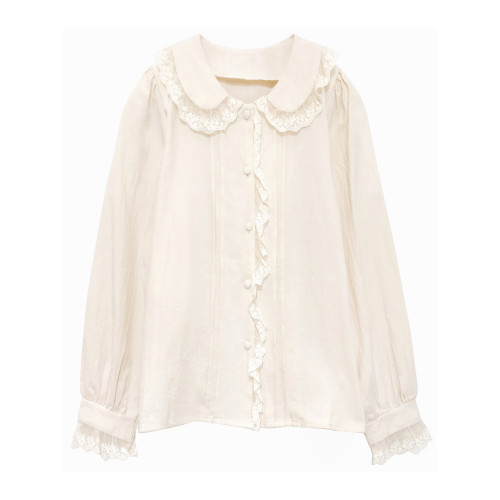 法式花邊娃娃領襯衣女秋季設計感小衆米白色別致上衣杏色長袖襯衫