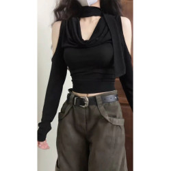 甜辣妹酷帥性感V領露肩長袖T恤女秋冬新款修身顯瘦內搭打底衫上衣