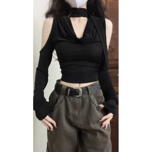 甜辣妹酷帥性感V領露肩長袖T恤女秋冬新款修身顯瘦內搭打底衫上衣