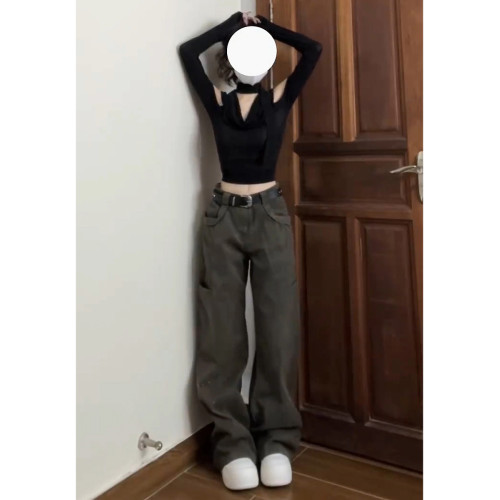 甜辣妹酷帥性感V領露肩長袖T恤女秋冬新款修身顯瘦內搭打底衫上衣