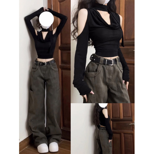 甜辣妹酷帥性感V領露肩長袖T恤女秋冬新款修身顯瘦內搭打底衫上衣