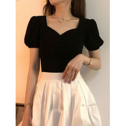 黑色短袖t恤女夏季漏鎖骨法式方領泡泡袖設計感小衆短款別致上衣