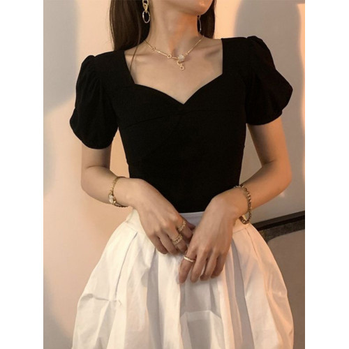 黑色短袖t恤女夏季漏鎖骨法式方領泡泡袖設計感小衆短款別致上衣