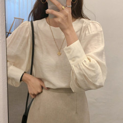 長袖T恤女春秋新款韓國設計感小衆雪紡打底襯衫法式泡泡袖上衣服