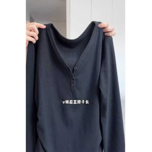 純棉不規則v領正肩長袖t恤打底衫女2025秋季洋氣內搭收腰上衣大碼 純棉不規則v領正肩長袖t恤打底衫女2025秋季洋氣內搭收腰上衣大碼