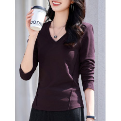 2025年秋裝新款醬紫色V領拼接魚骨正肩內搭長袖t恤女裝上衣打底衫