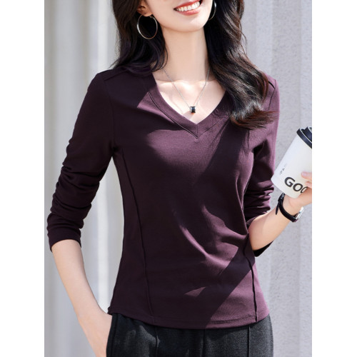 2025年秋裝新款醬紫色V領拼接魚骨正肩內搭長袖t恤女裝上衣打底衫 2025年秋裝新款醬紫色V領拼接魚骨正肩內搭長袖t恤女裝上衣打底衫