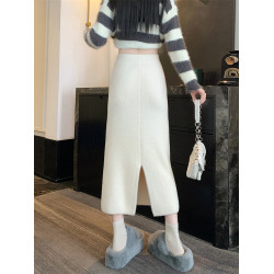 軟糯水貂絨針織半身裙女秋冬松緊高腰顯瘦開叉加厚包臀一步裙長裙