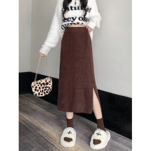 軟糯水貂絨針織半身裙女秋冬松緊高腰顯瘦開叉加厚包臀一步裙長裙