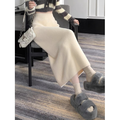 軟糯水貂絨針織半身裙女秋冬松緊高腰顯瘦開叉加厚包臀一步裙長裙