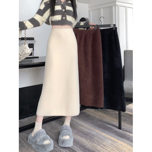 軟糯水貂絨針織半身裙女秋冬松緊高腰顯瘦開叉加厚包臀一步裙長裙