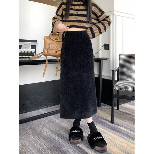 軟糯水貂絨針織半身裙女秋冬松緊高腰顯瘦開叉加厚包臀一步裙長裙