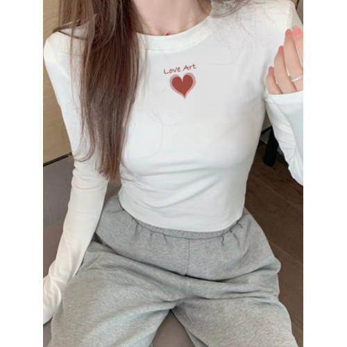 早春季正肩白色卡腰長袖t恤女內搭秋冬設計款印花德絨加厚打底衫