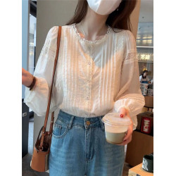 春款2025新款小衫法式高級感寬松上衣甜美刺綉韓系泡泡袖短款襯衫