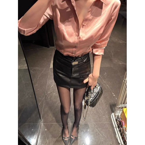 時尚醋酸緞面粉色襯衫女早秋季2025新款長袖法式掐腰正肩襯衣上衣