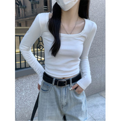 白色方領鎖骨t恤女內搭短上衣秋季修身純欲風辣妹正肩長袖打底衫