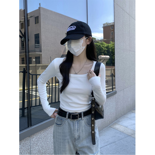 白色方領鎖骨t恤女內搭短上衣秋季修身純欲風辣妹正肩長袖打底衫