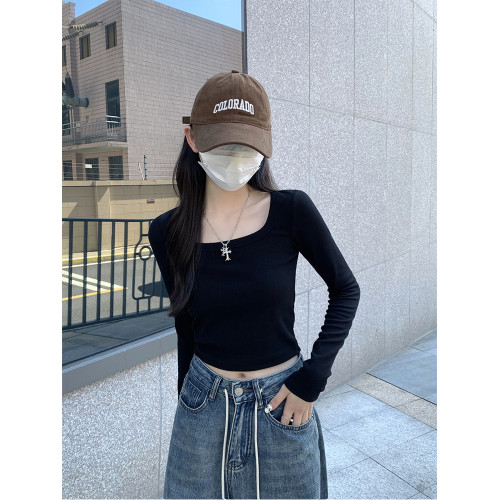 白色方領鎖骨t恤女內搭短上衣秋季修身純欲風辣妹正肩長袖打底衫