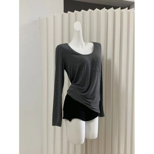 【軟到比睡衣舒服】純欲辣妹灰色U領打底衫女氣質內搭長袖上衣