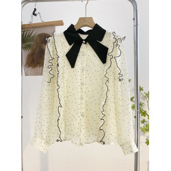 法式別致娃娃領長袖襯衫女秋設計感減齡洋氣波點雪紡衫荷葉邊上衣