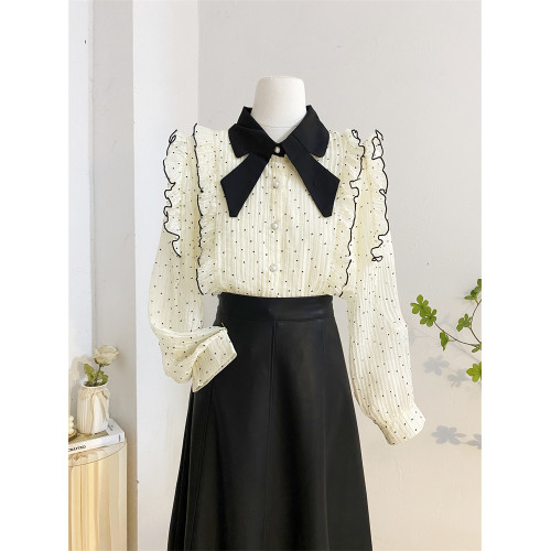 法式別致娃娃領長袖襯衫女秋設計感減齡洋氣波點雪紡衫荷葉邊上衣