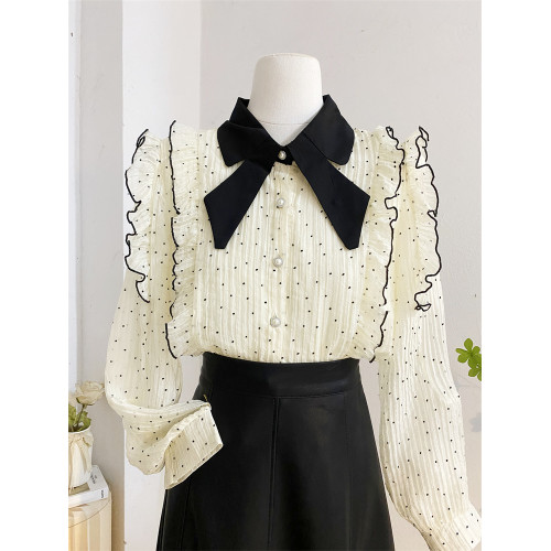 法式別致娃娃領長袖襯衫女秋設計感減齡洋氣波點雪紡衫荷葉邊上衣