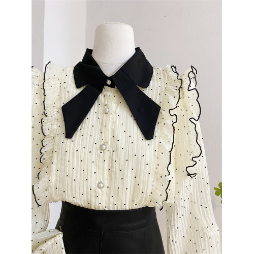 法式別致娃娃領長袖襯衫女秋設計感減齡洋氣波點雪紡衫荷葉邊上衣