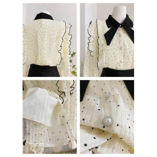 法式別致娃娃領長袖襯衫女秋設計感減齡洋氣波點雪紡衫荷葉邊上衣