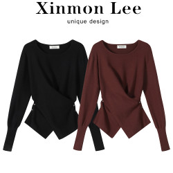 XinmonLee設計感別致獨特交叉釦收腰顯瘦針織衫不規則打底上衣秋