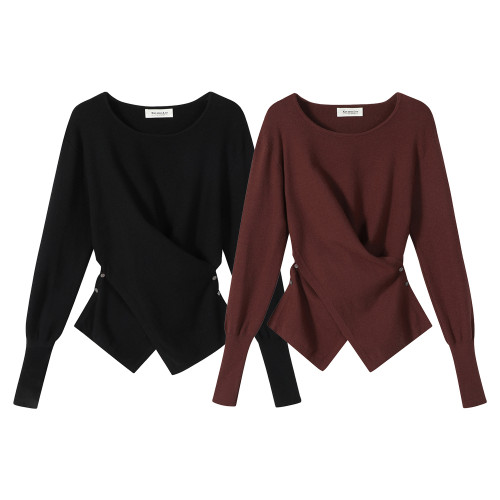 XinmonLee設計感別致獨特交叉釦收腰顯瘦針織衫不規則打底上衣秋 XinmonLee設計感別致獨特交叉釦收腰顯瘦針織衫不規則打底上衣秋