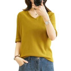 2022秋季新款純棉純色t恤女v領短袖五分袖寬松顯瘦休閒針織衫護頸