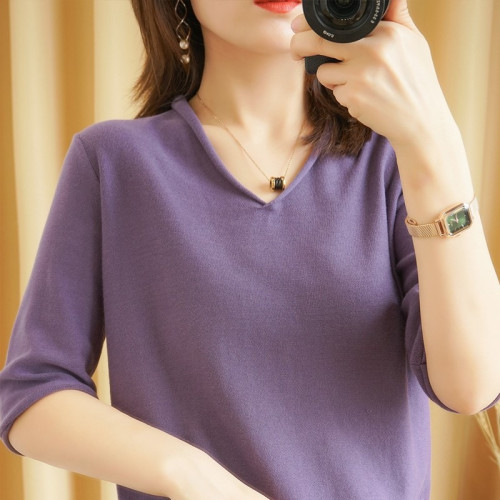 2022秋季新款純棉純色t恤女v領短袖五分袖寬松顯瘦休閒針織衫護頸