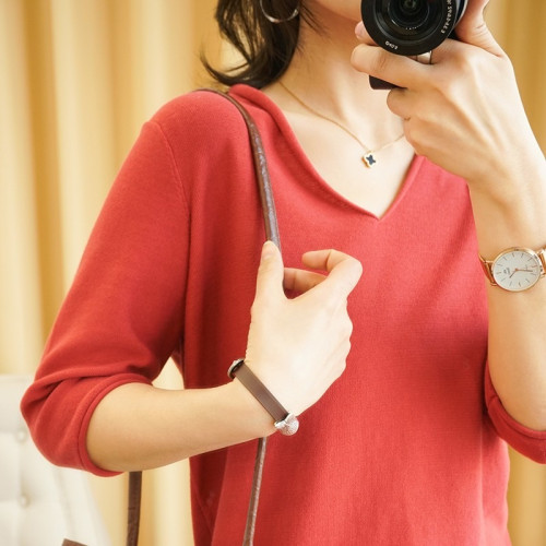 2022秋季新款純棉純色t恤女v領短袖五分袖寬松顯瘦休閒針織衫護頸