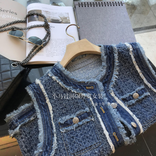 巨美！超精緻！輕奢重工款~個性復古小香風鉤花毛邊牛仔馬甲女秋